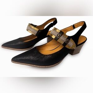 Sundance Black Pointed Slingback Heels with Gold-Trim Strap
